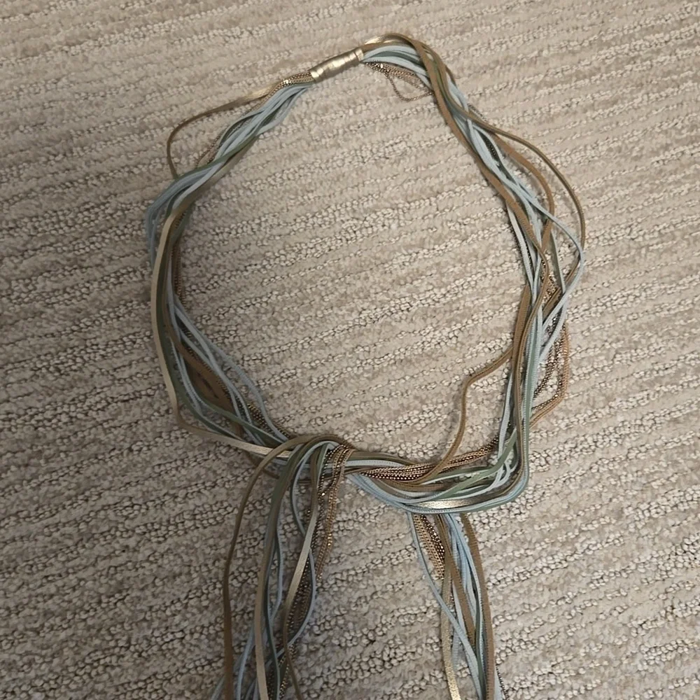 Marlyn Schiff Leather Chain Tie Necklace Green and Gold